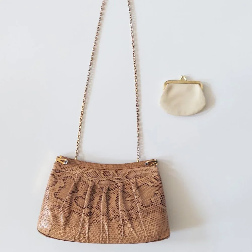 Finesse La Model Brown Snakeskin Clutch Handbag Chain Coin Purse VTG